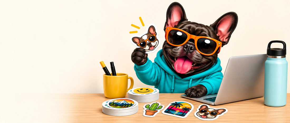 Funny Label custom sticker banner featuring a French bulldog mascot in orange sunglasses holding a sticker beside a laptop, water bottle, and colorful vinyl stickers.
