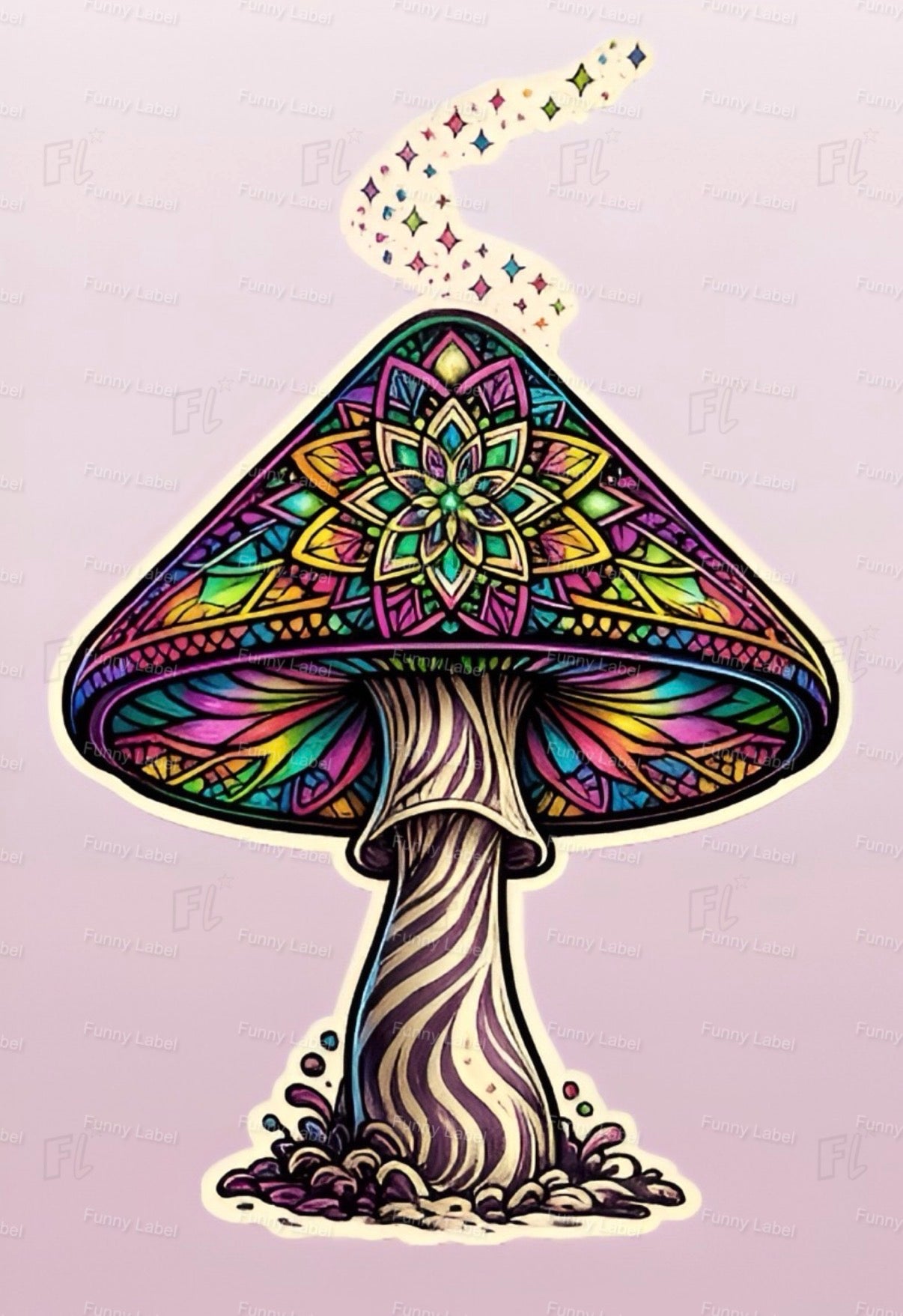 Colorful mandala-style mushroom on a light purple background