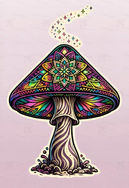 Colorful mandala-style mushroom on a light purple background