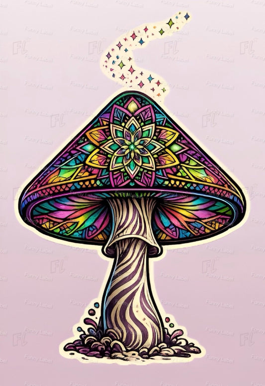 Colorful mandala-style mushroom on a light purple background
