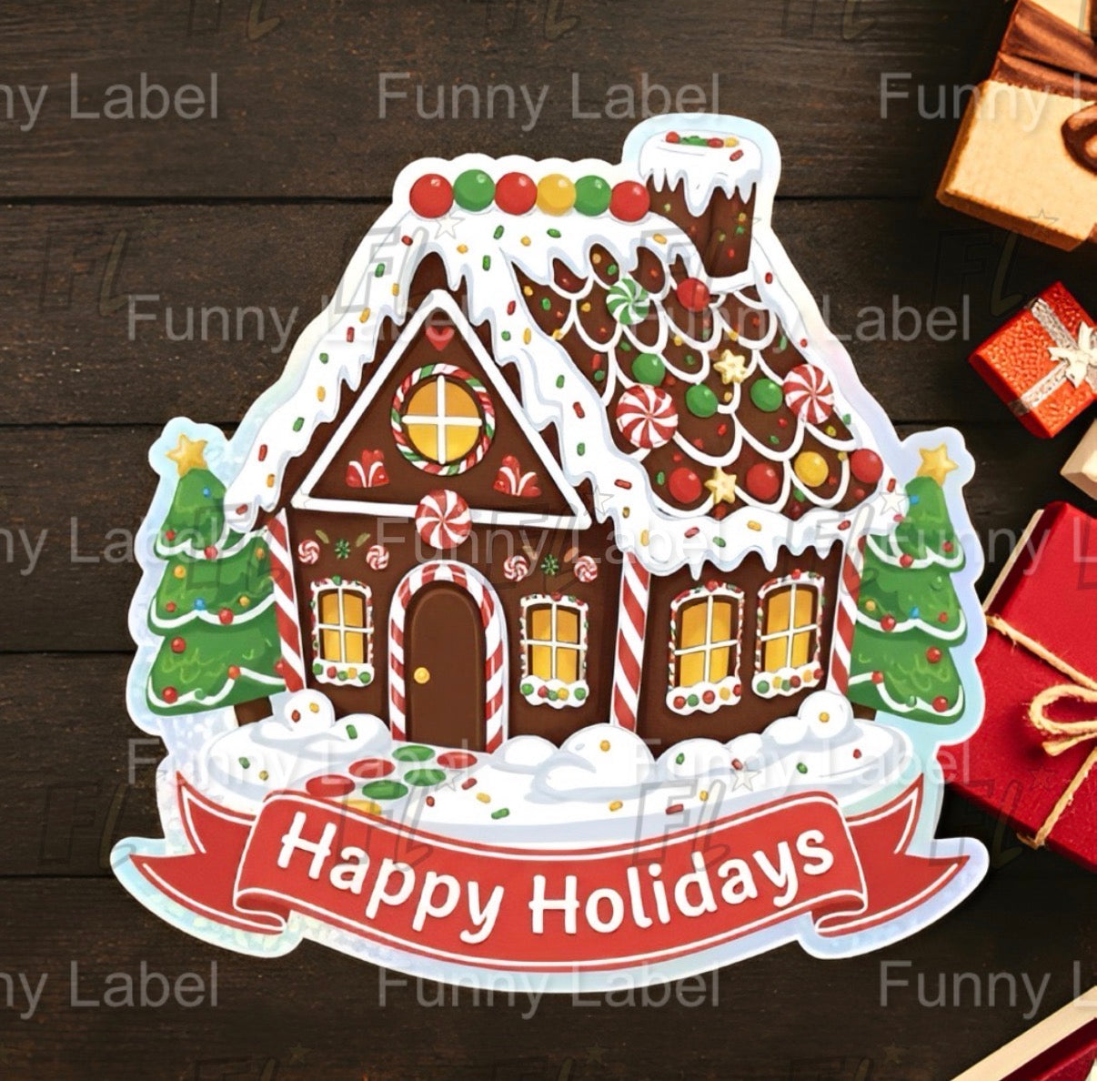 Decorative gingerbread house sticker with 'Happy Holidays' text on a wooden background.