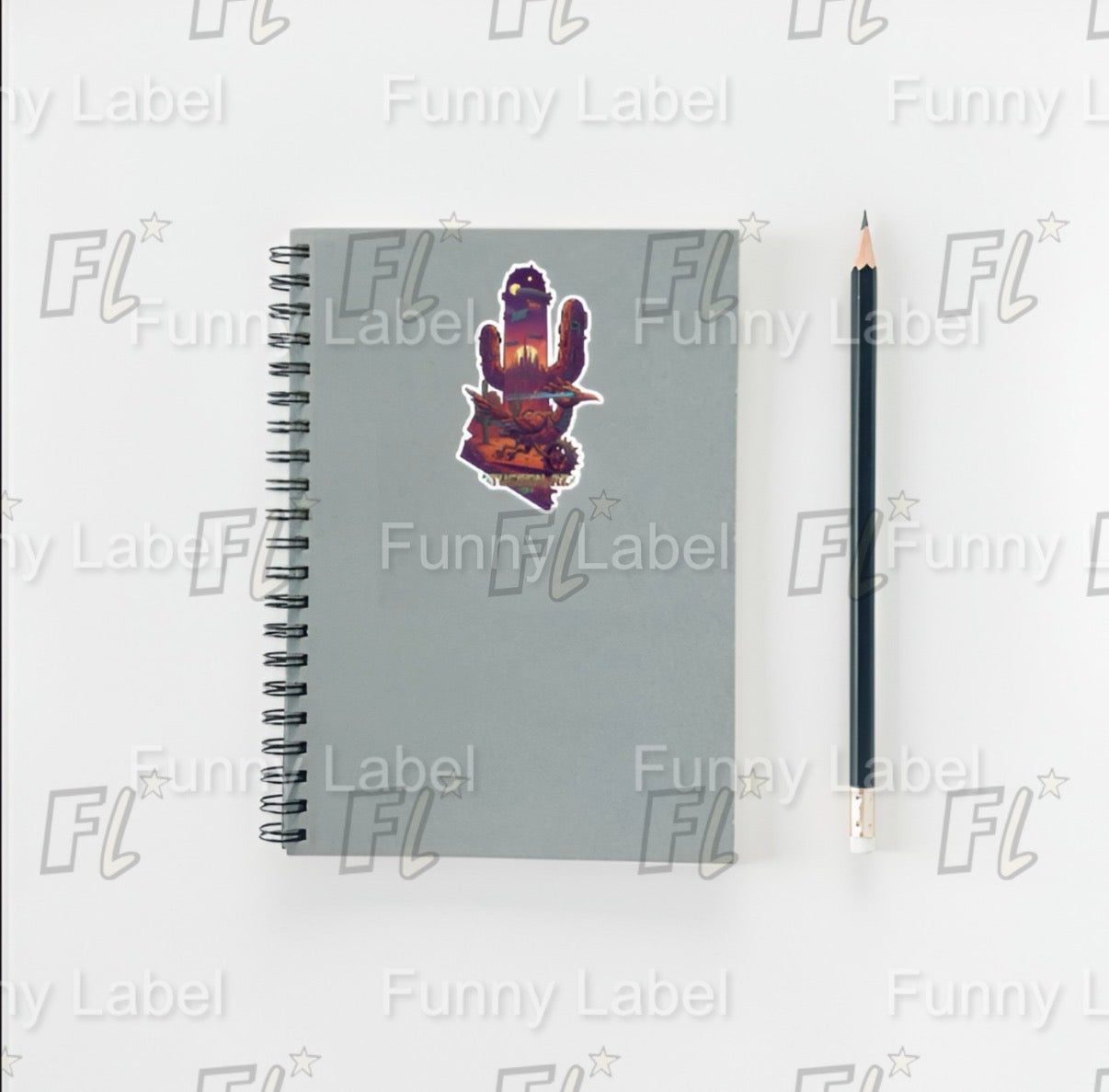 Tucson Sci-Fi Roadrunner Sticker – Futuristic Desert Label with Cactus, Airships & Mechanical Bird