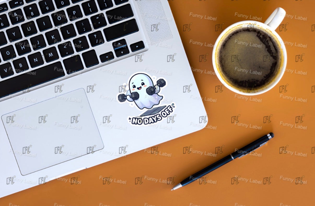 Laptop with 'No Days Off' sticker, coffee cup, and pen on a brown surface with 'Funny Label' branding.