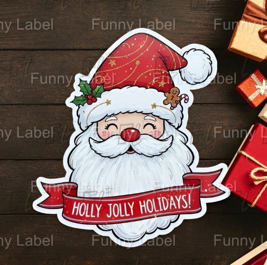 Sticker of Santa Claus with a 'Holly Jolly Holidays!' banner on a wooden background.