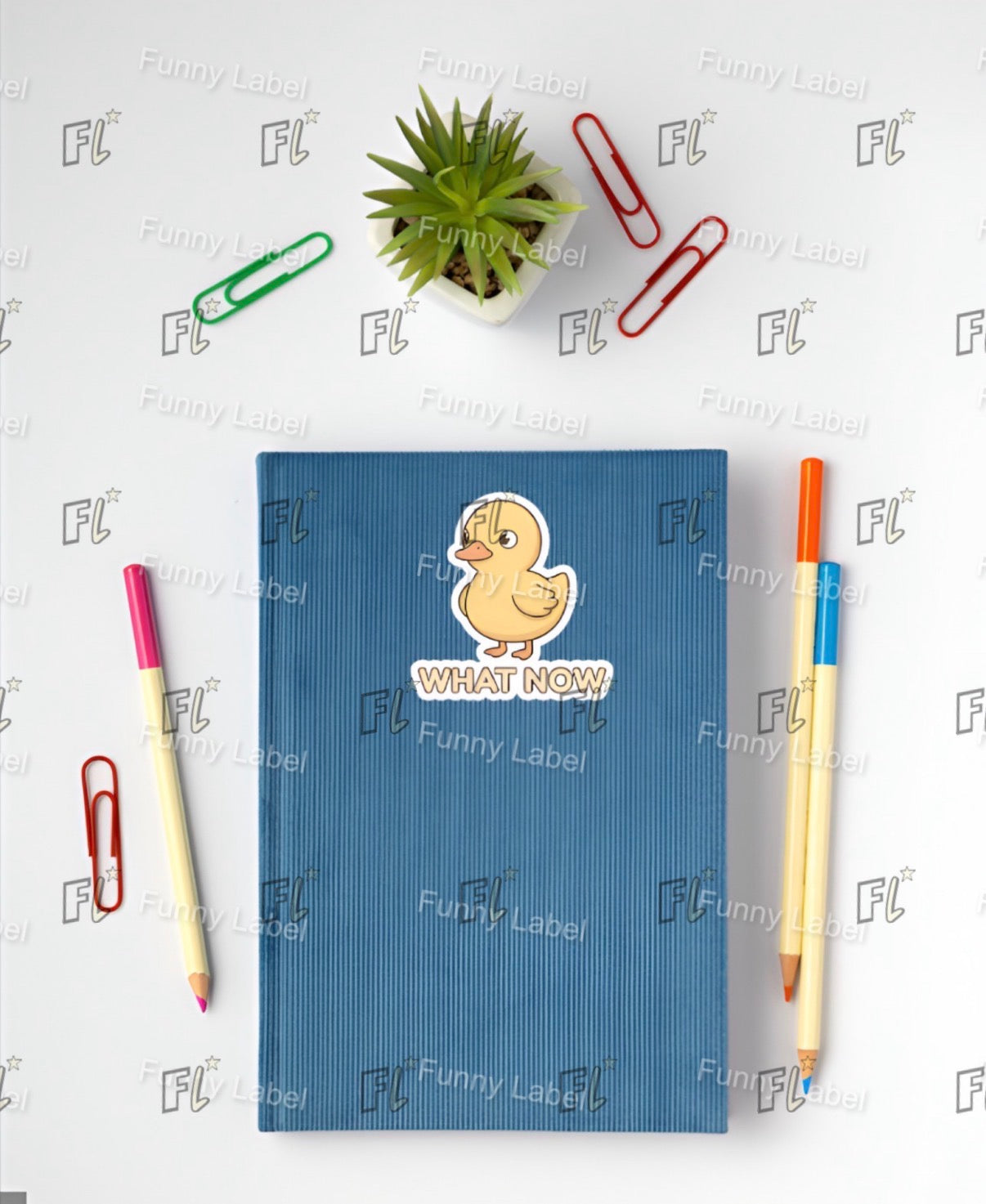 Blue notebook with a cartoon duck design and text, surrounded by stationery items on a white background.