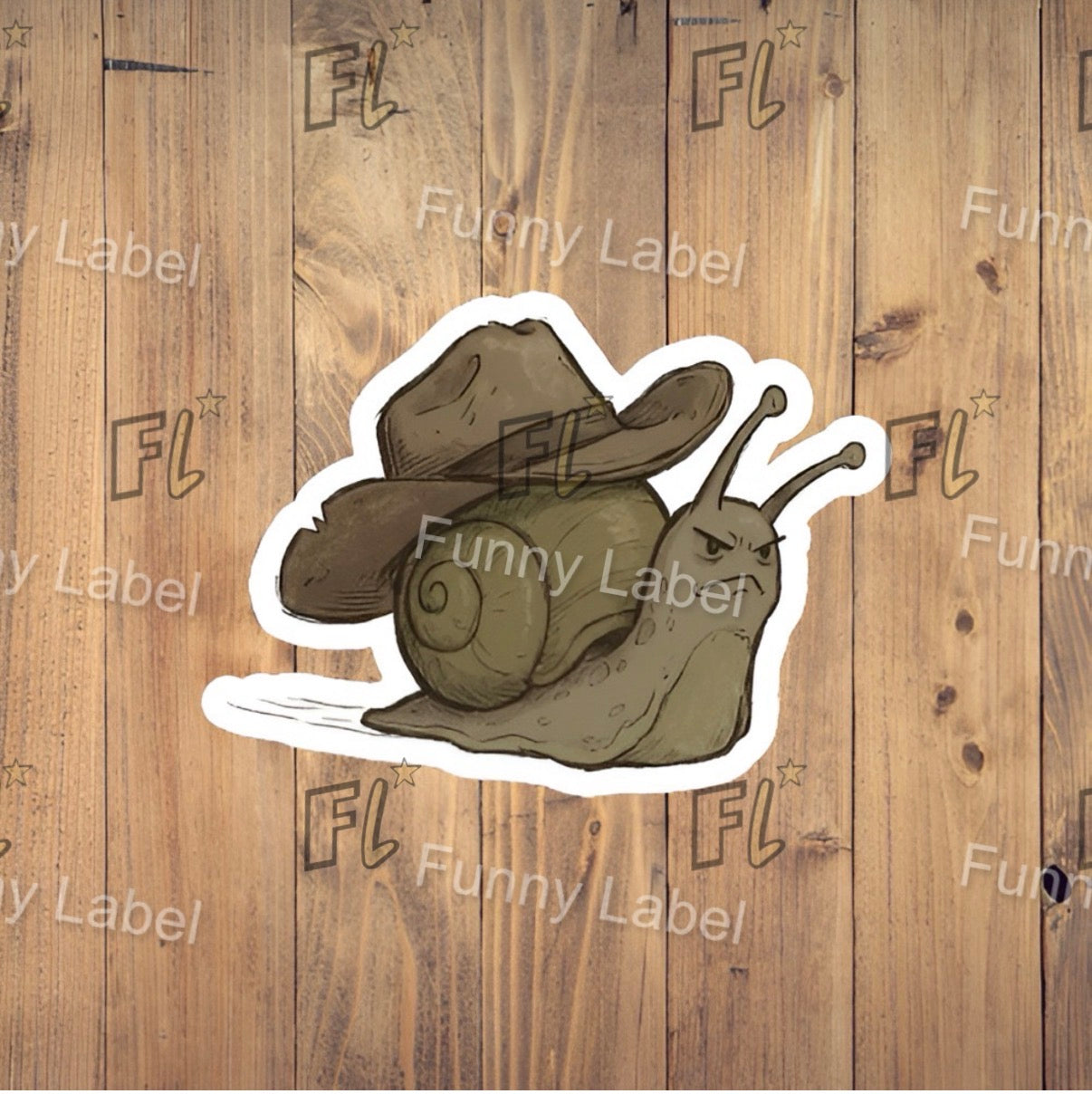 Sticker of a snail wearing a cowboy hat on a wooden background with 'Funny Label' branding.
