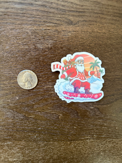 Holographic Snowboarding Santa Sticker - Tropical Edition