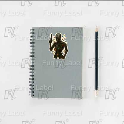 Terminator Christmas Lights Sticker – T-800 Robot Skull Holiday Label with Gun & Festive Lights