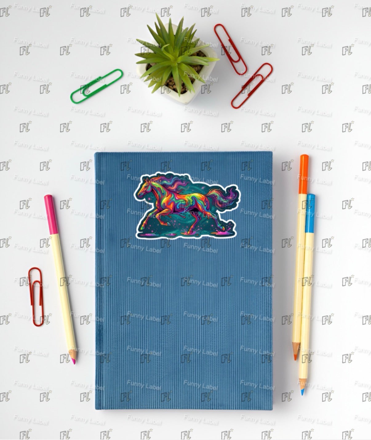 Blue notebook with a colorful horse design on a white surface with stationery items.