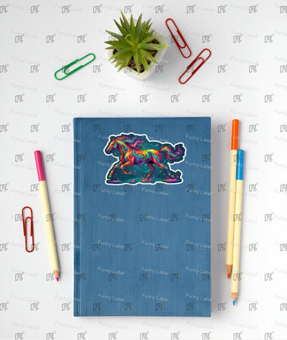 Blue notebook with a colorful horse design on a white surface with stationery items.