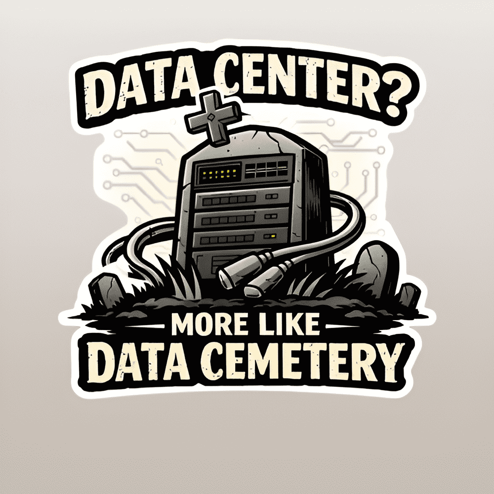 Stylized graphic of a tombstone with electronic components, text 'DATA CENTER? MORE LIKE DATA CEMETERY' on a beige background.