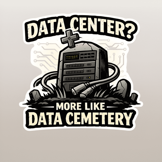 Stylized graphic of a tombstone with electronic components, text 'DATA CENTER? MORE LIKE DATA CEMETERY' on a beige background.