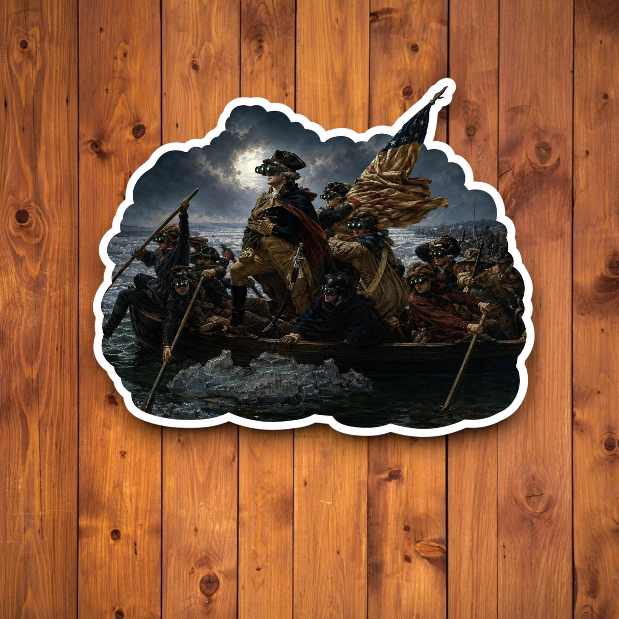 A flat, isolated vinyl sticker based on the file Delaware crossing with background.webp featuring a parody of the classic painting Washington Crossing the Delaware, showing George Washington and his soldiers in a rowboat at night under a full moon, with all crew members wearing glowing green night vision goggles (NVGs).