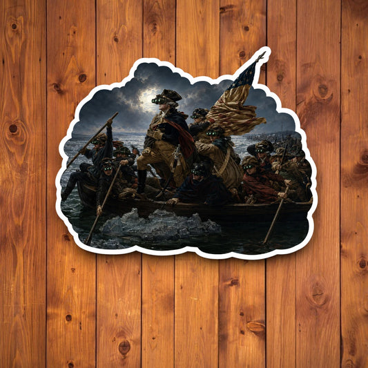 A flat, isolated vinyl sticker based on the file Delaware crossing with background.webp featuring a parody of the classic painting Washington Crossing the Delaware, showing George Washington and his soldiers in a rowboat at night under a full moon, with all crew members wearing glowing green night vision goggles (NVGs).