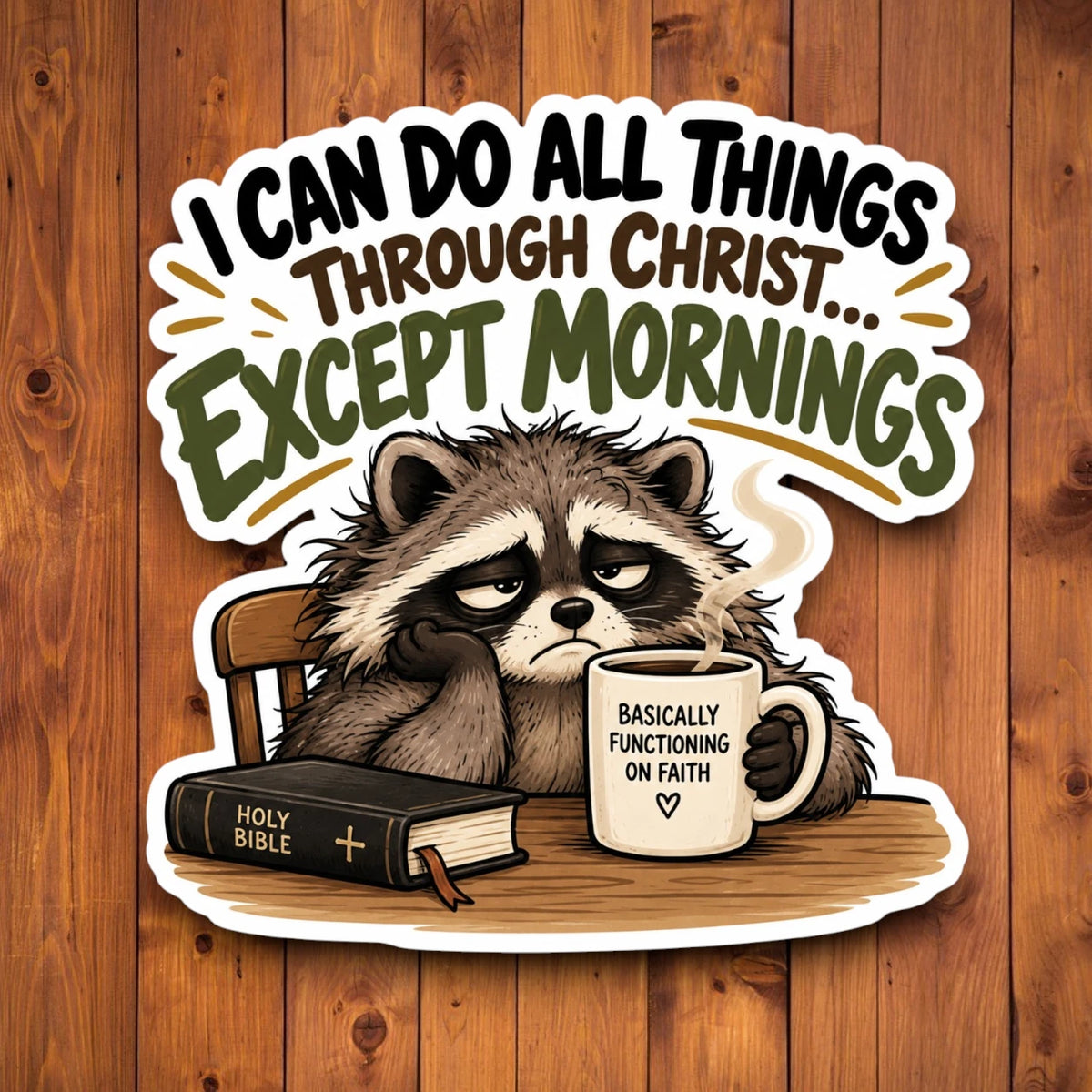 Funny Christian raccoon sticker with tired raccoon, Bible and coffee reading I Can Do All Things Through Christ Except Mornings