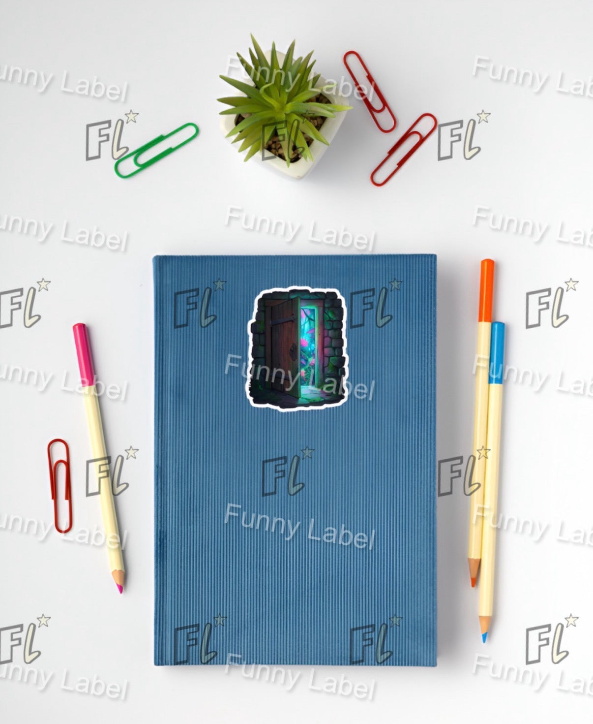 Blue notebook with stationery items on a white background