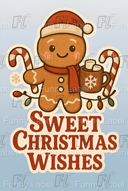 Gingerbread man with a candy cane and hot chocolate mug, holding a candy cane, on a light blue background with 'Sweet Christmas Wishes' text.