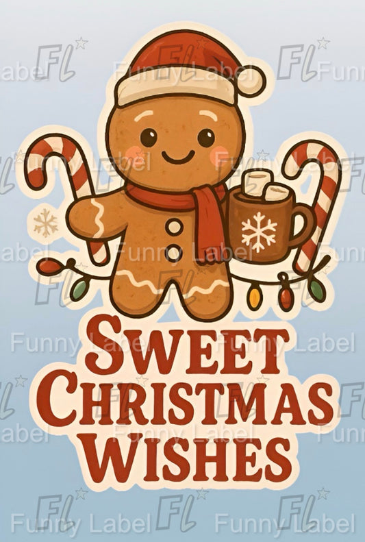 Gingerbread man with a candy cane and hot chocolate mug, holding a candy cane, on a light blue background with 'Sweet Christmas Wishes' text.