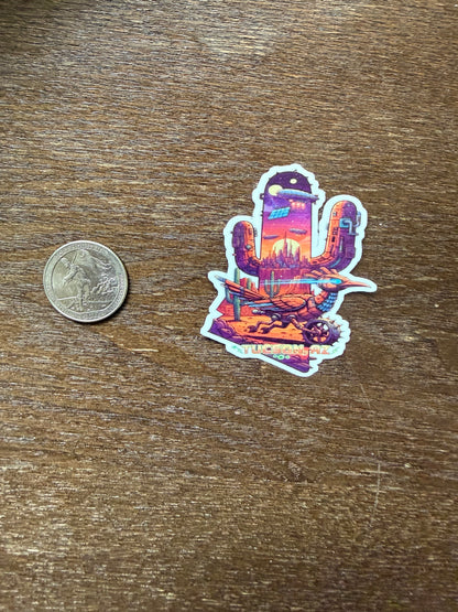 Tucson Sci-Fi Roadrunner Sticker – Futuristic Desert Label with Cactus, Airships & Mechanical Bird