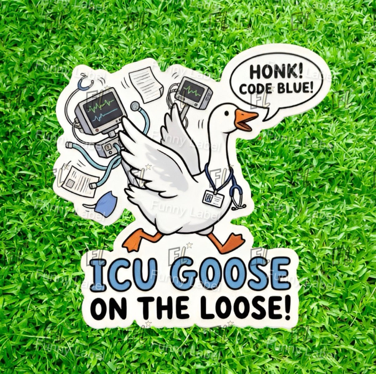 Cartoon goose with medical equipment and text on a grass background