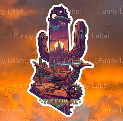 Illustration of a stylized map of Tucson, Arizona with a desert landscape and futuristic elements.