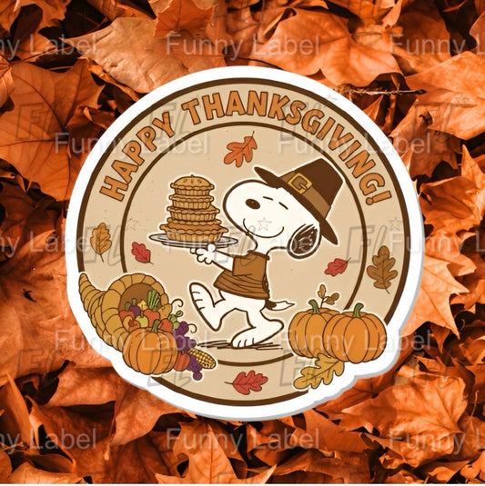 Happy Thanksgiving! Snoopy Sticker | Pilgrim Pie Stack and Cornucopia Decal | Circular Peanuts Fall Vinyl