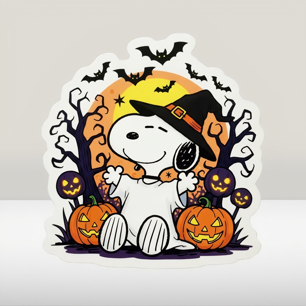 Snoopy Halloween Ghost Sticker | Peanuts Witch Hat Decal | Cute Pumpkin Art | Spooky Season Vinyl | Fall Decor Gift | Nostalgic Cartoon Bat