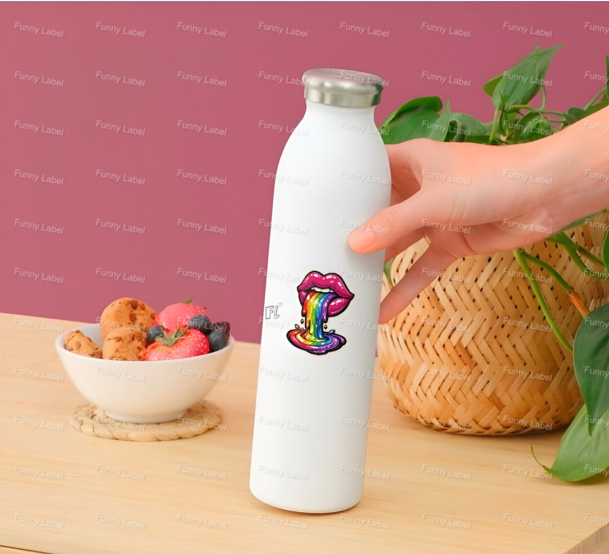 White water bottle with a colorful design held by a hand on a wooden surface with a bowl of fruit and a plant in the background.