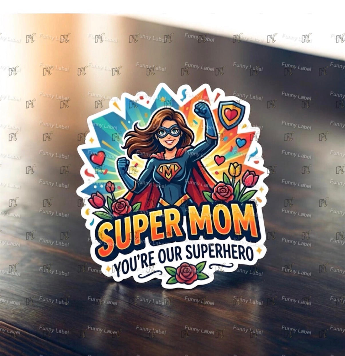 Sticker design of a superheroine with 'Super Mom, You're Our Superhero' text on a reflective surface.