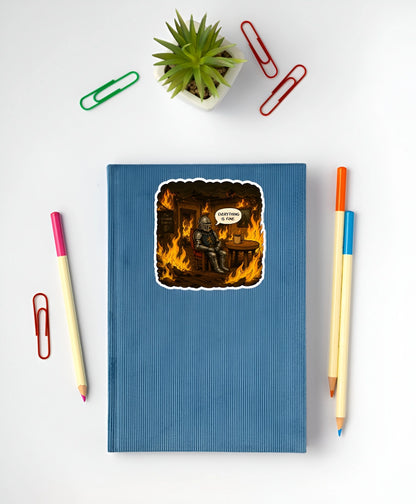 Everything Is Fine medieval knight sticker displayed on a blue notebook