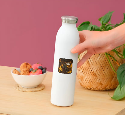 Funny knight sticker with Everything Is Fine quote displayed on a white water bottle