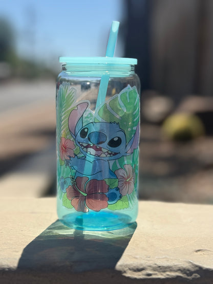 Stitch Cup | Stitch Glass Tumbler | Lilo & Stitch Iced Coffee Cup | Disney Fan Gift | Cute Stitch Gift | Glass Can Gift | 16oz Reusable Cup
