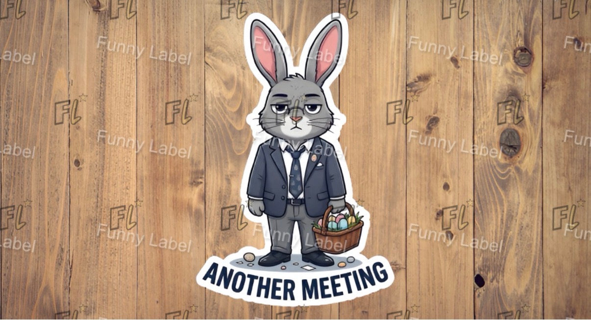 Sticker of a rabbit in a suit with 'Another Meeting' text on a wooden background with 'Funny Label' branding.