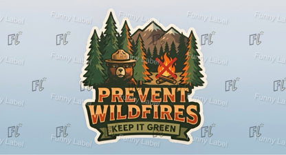 Sticker with bear, trees, and campfire design promoting 'Prevent Wildfires Keep It Green' on a light blue background.