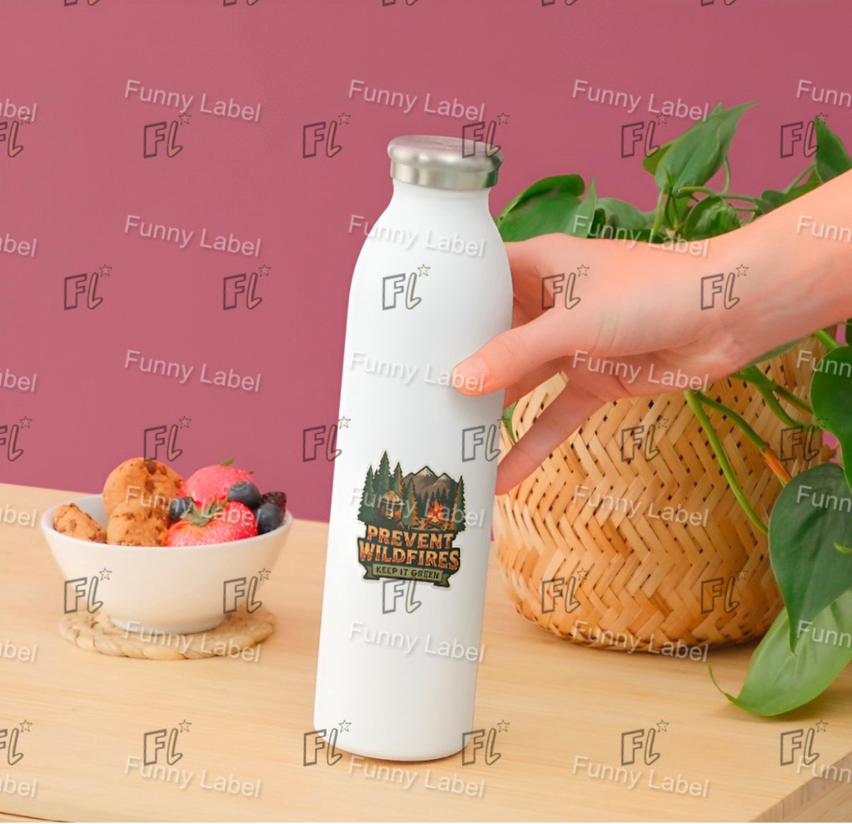 White water bottle with 'Prevent wildfires' label held by a hand, with a bowl of fruit and plant in the background.