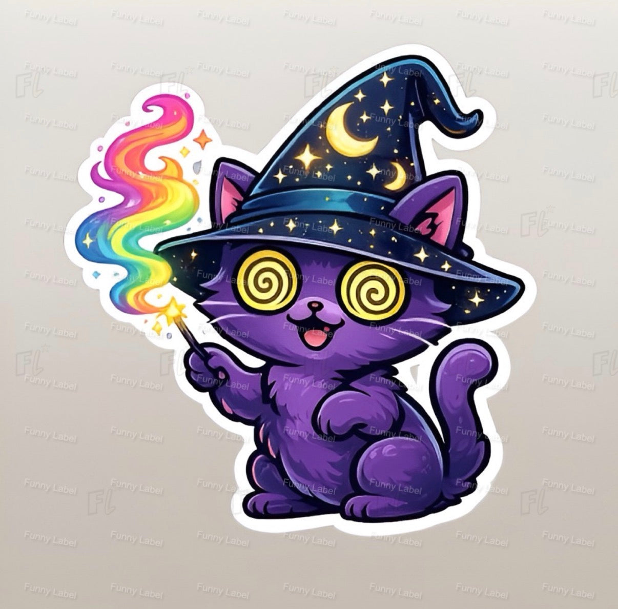 A flat, isolated holographic vinyl sticker based on image.png featuring an adorable cartoon purple kitten wearing a black wizard hat adorned with a gold crescent moon and stars, holding a magic wand casting a vibrant rainbow flame, with yellow and black hypno-spiral eyes.