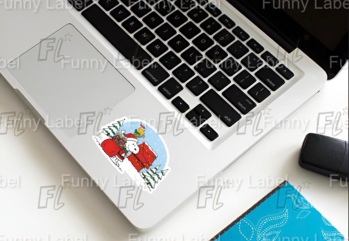 Snoopy Santa Claus Sticker with Woodstock Elf | Peanuts Christmas Doghouse Decal | Holiday Gift Vinyl