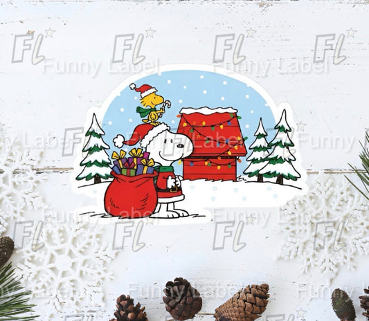 Snoopy Santa Claus Sticker with Woodstock Elf | Peanuts Christmas Doghouse Decal | Holiday Gift Vinyl