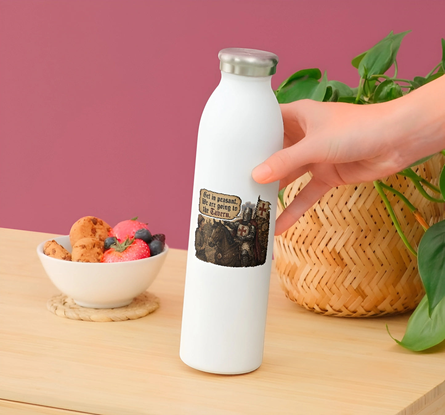 Get In Peasant tavern meme sticker displayed on a white water bottle
