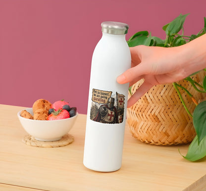 Get In Looser We Are Going Questing medieval knight sticker displayed on a white water bottle