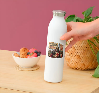 Funny medieval knight questing sticker displayed on a white reusable water bottle