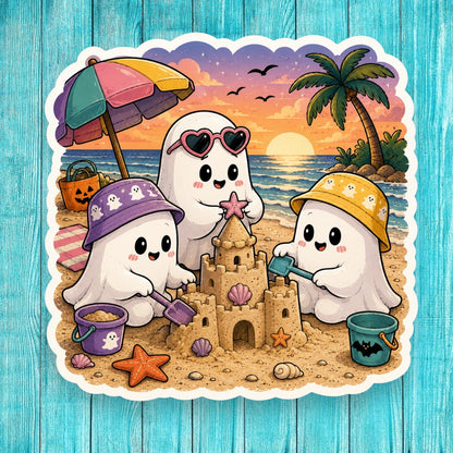 Cartoon ghosts building a sandcastle on a beach with a colorful umbrella and palm tree in the background.