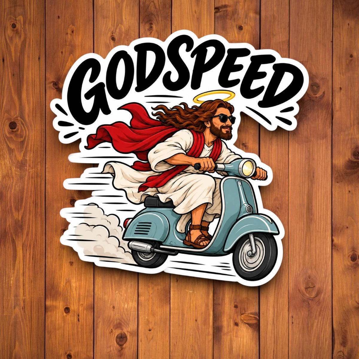 Funny Godspeed Christian sticker featuring Jesus with a halo and sunglasses riding a blue vintage scooter