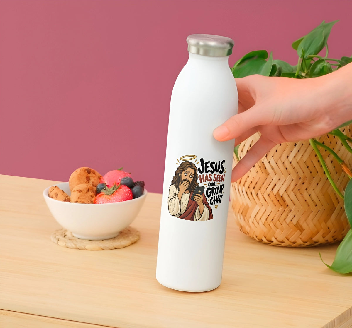 Jesus Has Seen Our Group Chat Christian humor sticker displayed on a white reusable water bottle