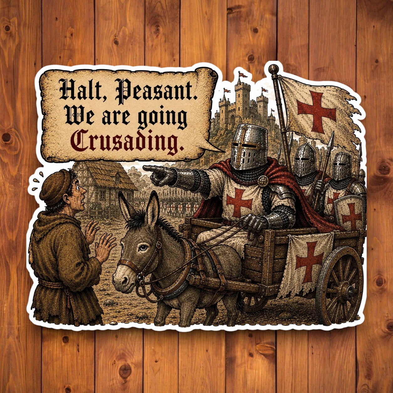 Halt Peasant We Are Going Crusading medieval meme sticker on a wood background
