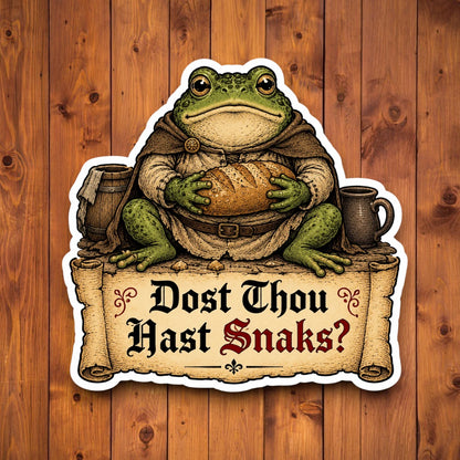 Dost Thou Hast Snaks funny medieval frog sticker holding a loaf of bread with vintage scroll text.