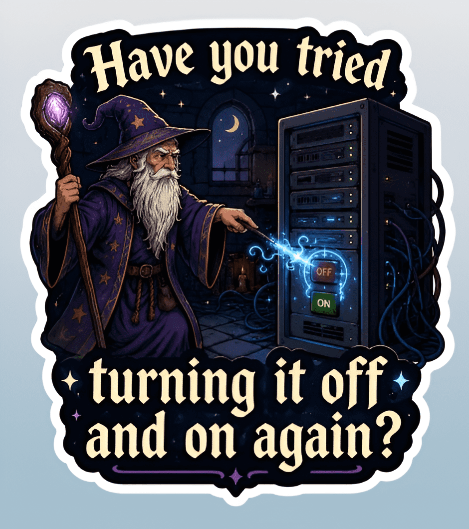 Illustration of a wizard with a lamp and text 'Have you tried turning it off and on again?'