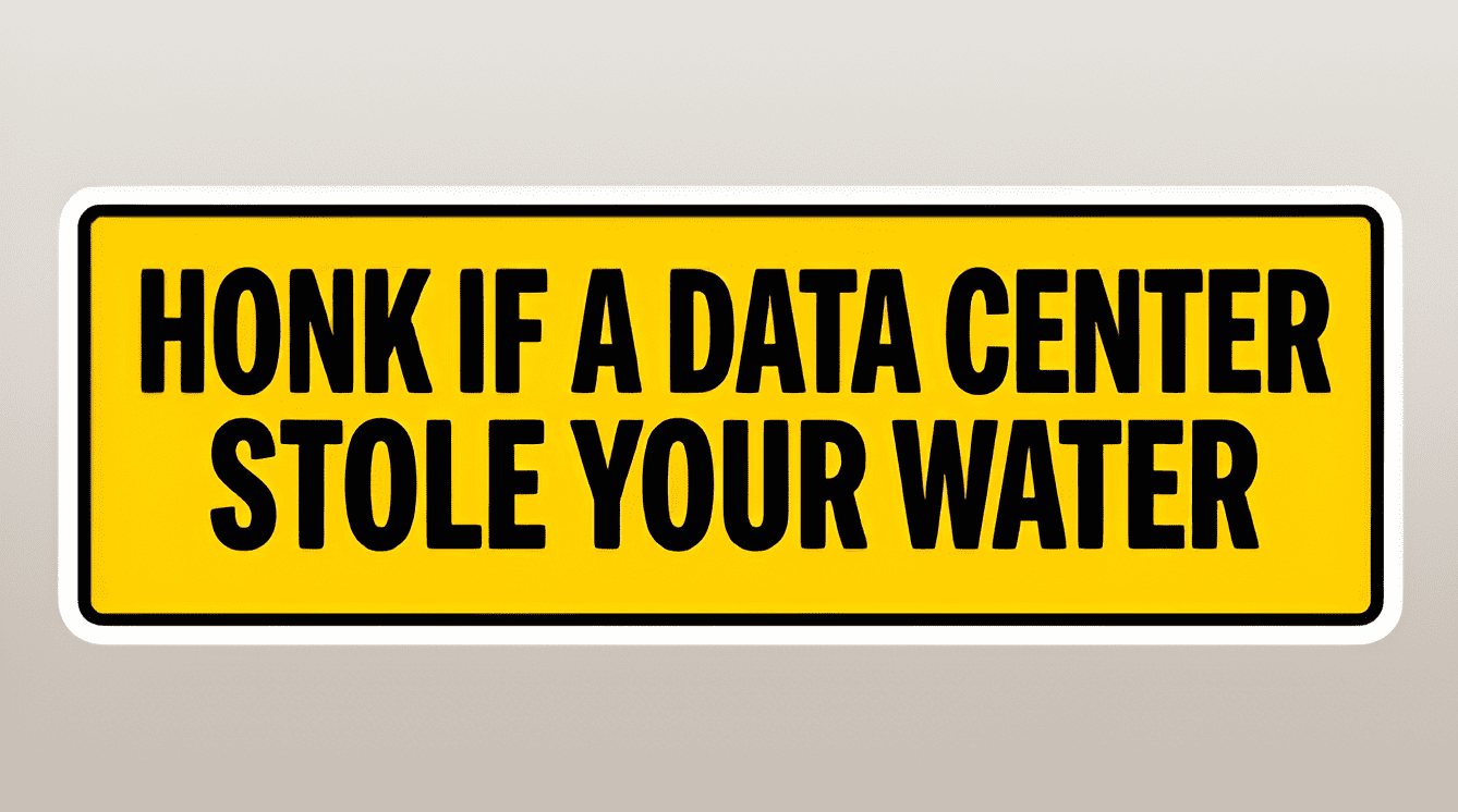 A flat, rectangular vinyl bumper sticker based on the file Honk_if-with background-Picsart-AiImageEnhancer (1).png featuring a bright yellow road sign design with a black border enclosing bold black block text that reads "HONK IF A DATA CENTER STOLE YOUR WATER".