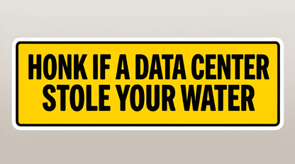 A flat, rectangular vinyl bumper sticker based on the file Honk_if-with background-Picsart-AiImageEnhancer (1).png featuring a bright yellow road sign design with a black border enclosing bold black block text that reads "HONK IF A DATA CENTER STOLE YOUR WATER".
