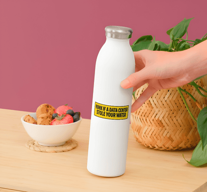 White water bottle with a yellow label held by a hand on a wooden surface with a bowl of snacks and a plant in the background.